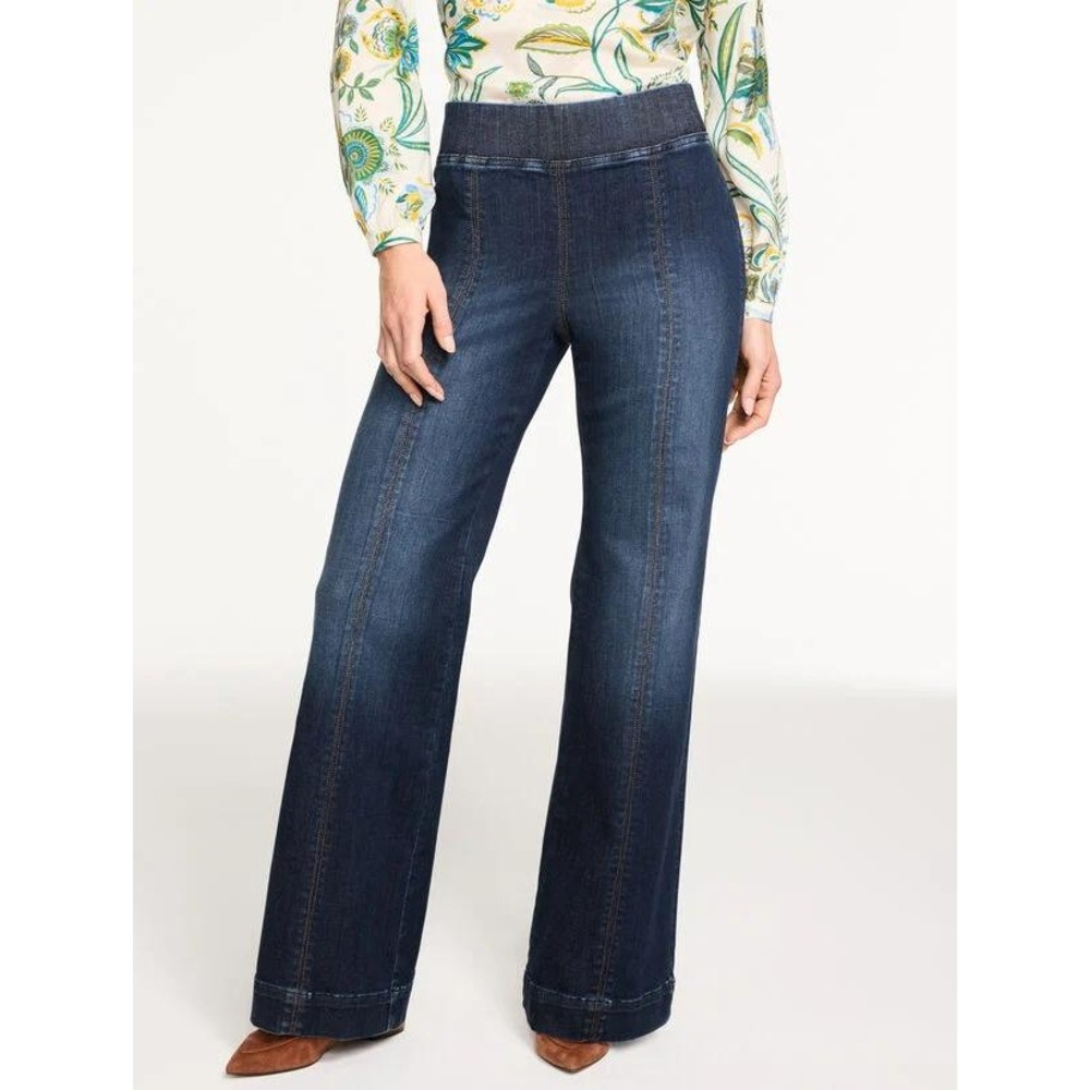 Talbots Women S Flare Leg Pull-On Travel Jeans Dark Beekman Wash High Rise Seam - Picture 3 of 8